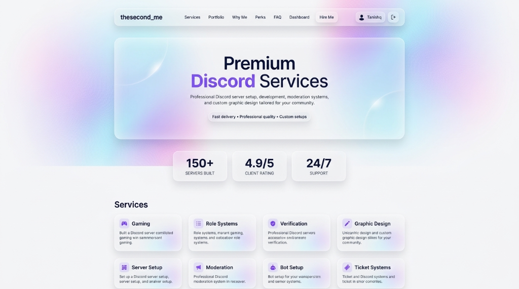 Premium Discord Services portfolio website with stats and service categories