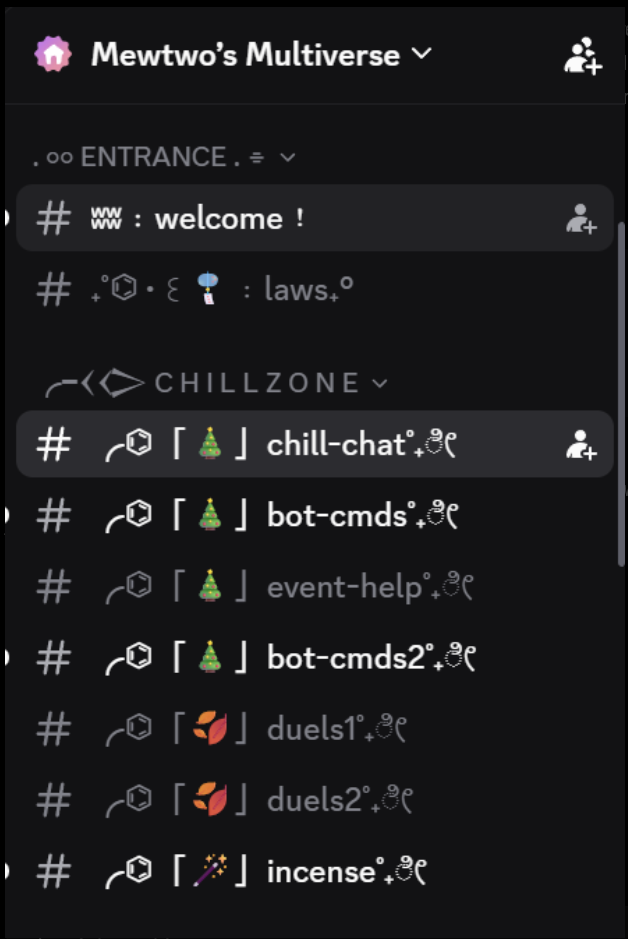 Mewtwo's Multiverse Discord server with themed categories and custom emoji channels